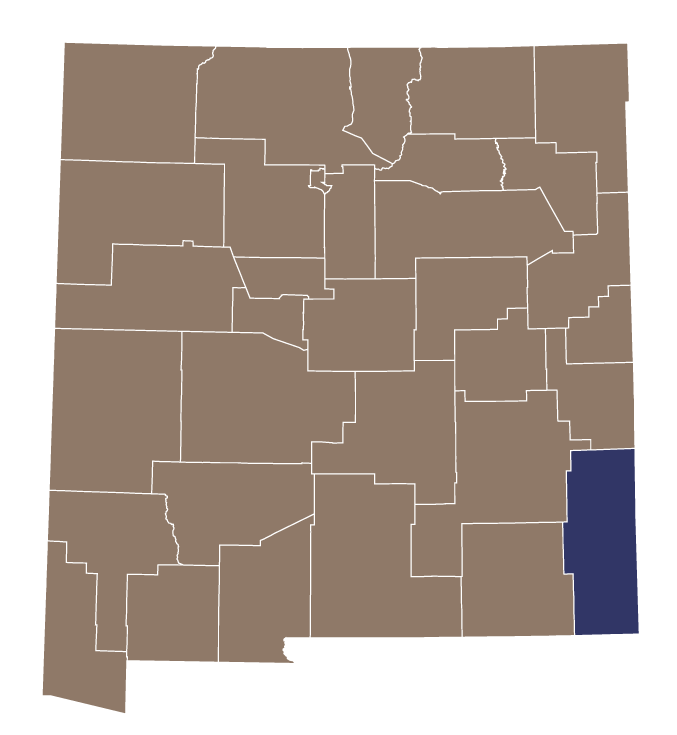 A graphic showing the counties of New Mexico, with Lea County in dark purple and the others in brown.